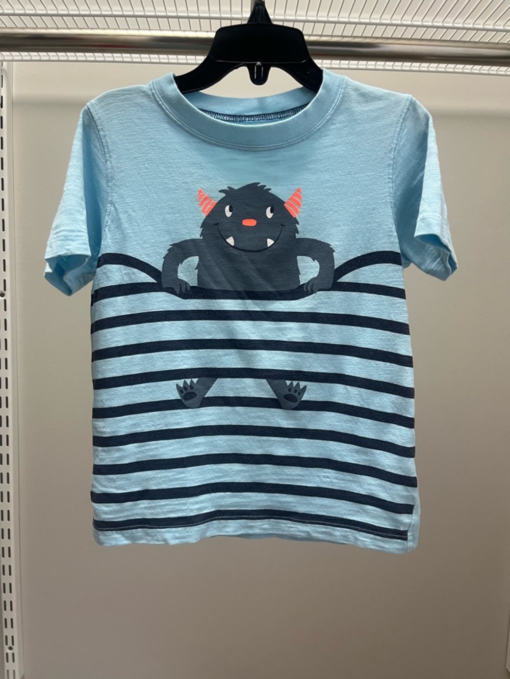Carter's Light Blue Tee with Navy Stripes and Monster Graphic with Neon Orange